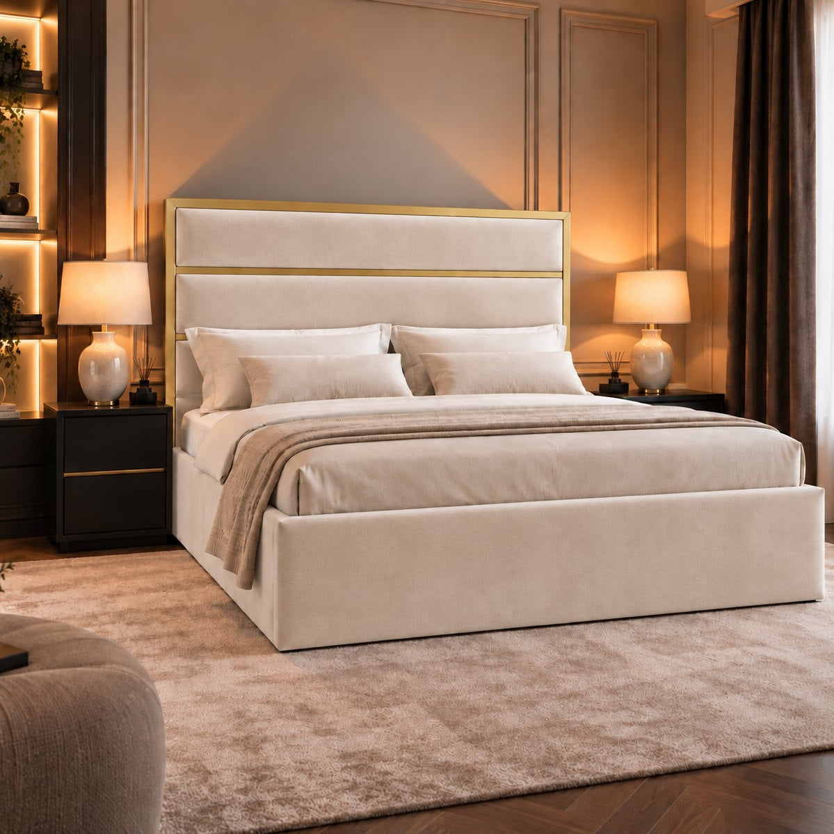 Otranto bed in cream with gold metal frame, side view