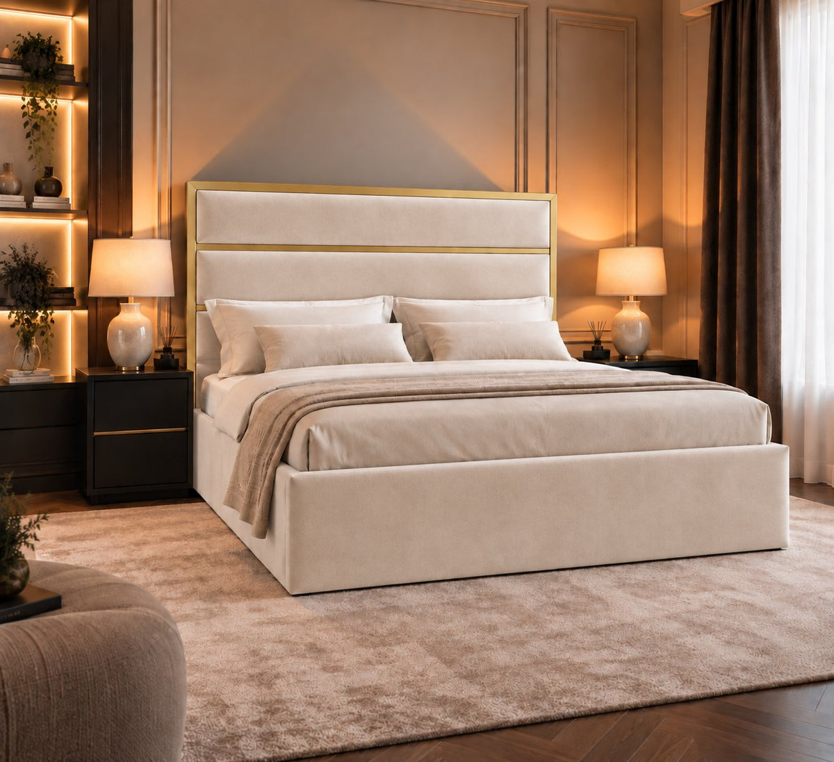 Otranto bed in cream with gold metal frame, side view