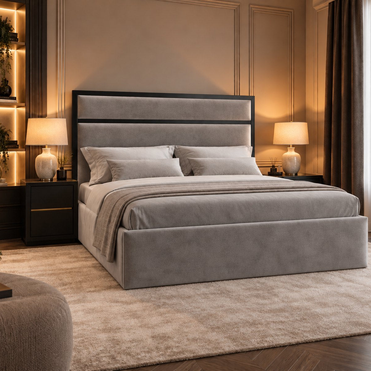 Otranto bed in grey with black metal frame, side view