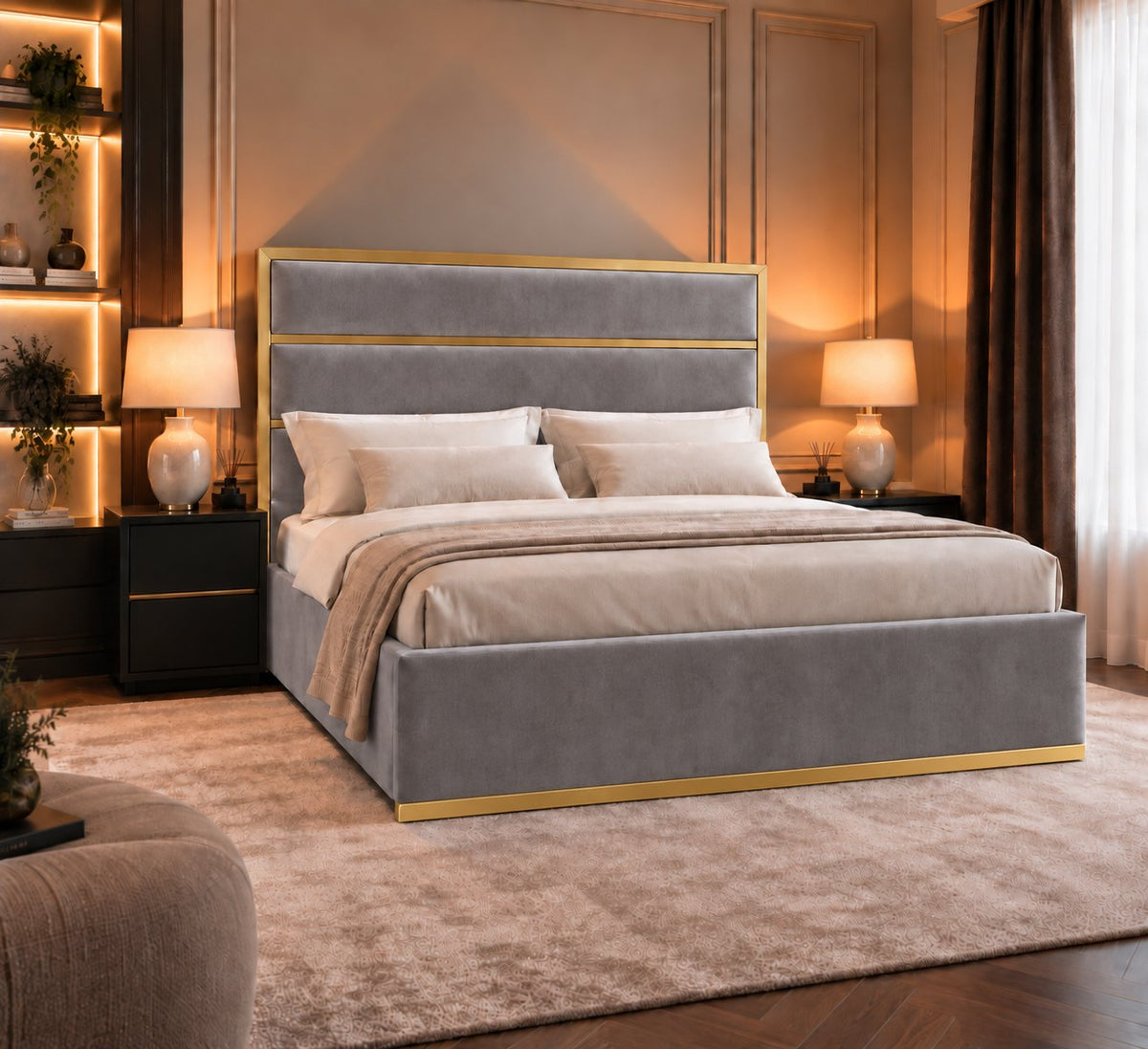 Otranto bed in grey with gold metal frame, alternative side view