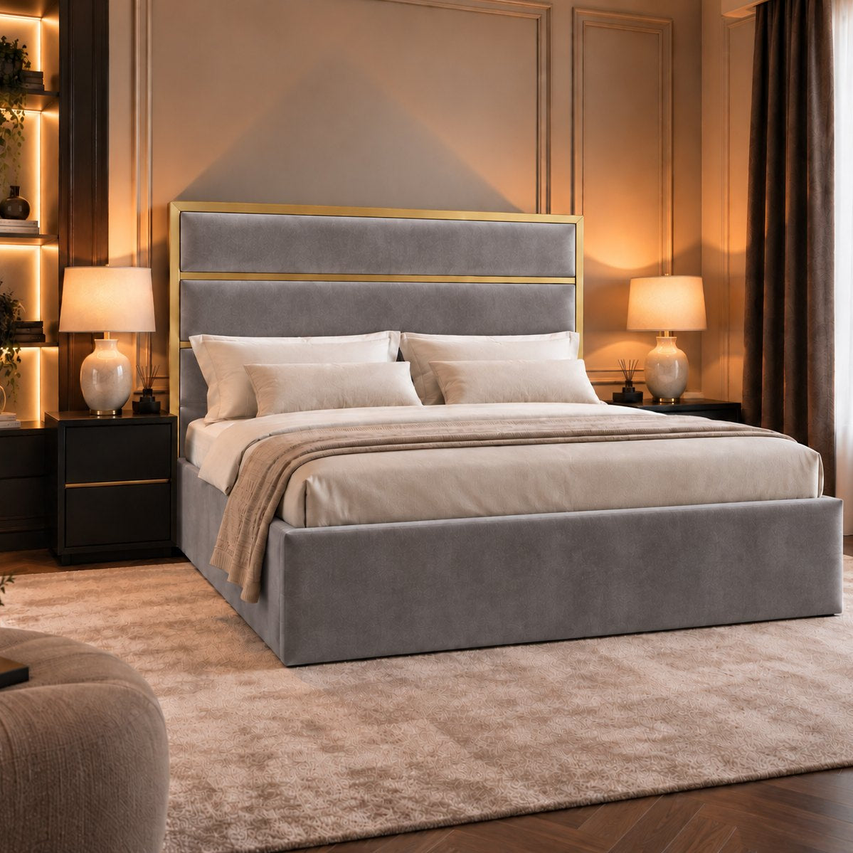 Otranto bed in grey with gold metal frame, side view