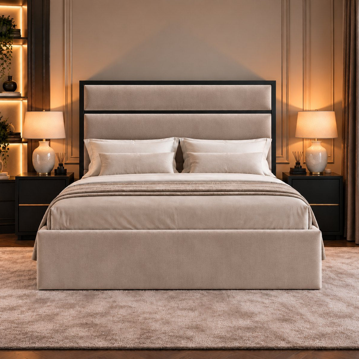 Otranto bed in pebble with black metal frame, front view