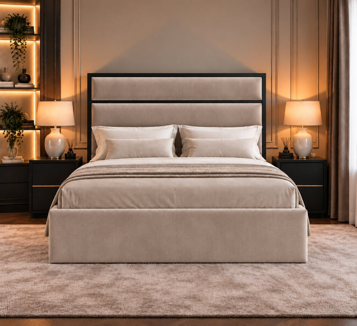 Otranto bed in pebble with black metal frame, front view