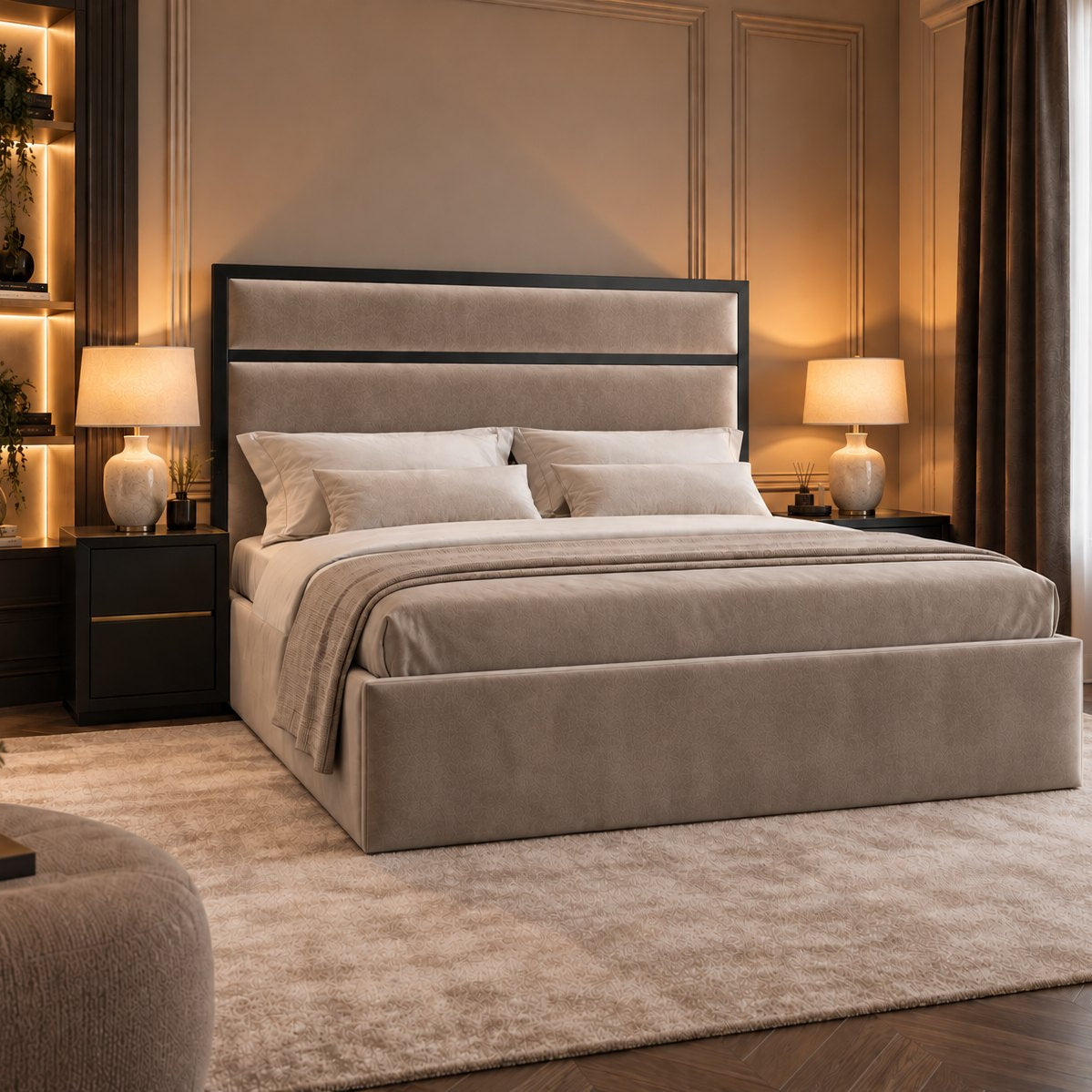 Otranto bed in pebble with black metal frame, side view