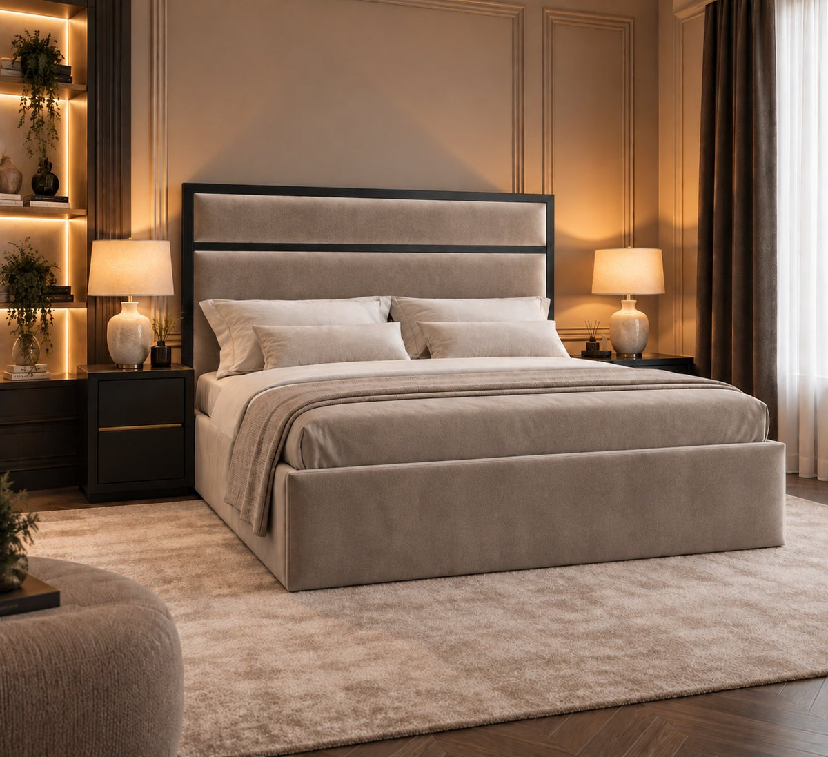 Otranto bed in pebble with black metal frame, side view