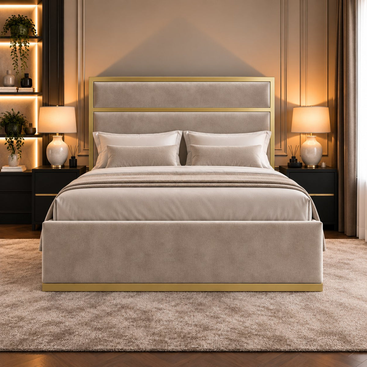 Otranto bed in pebble with gold metal frame, front view