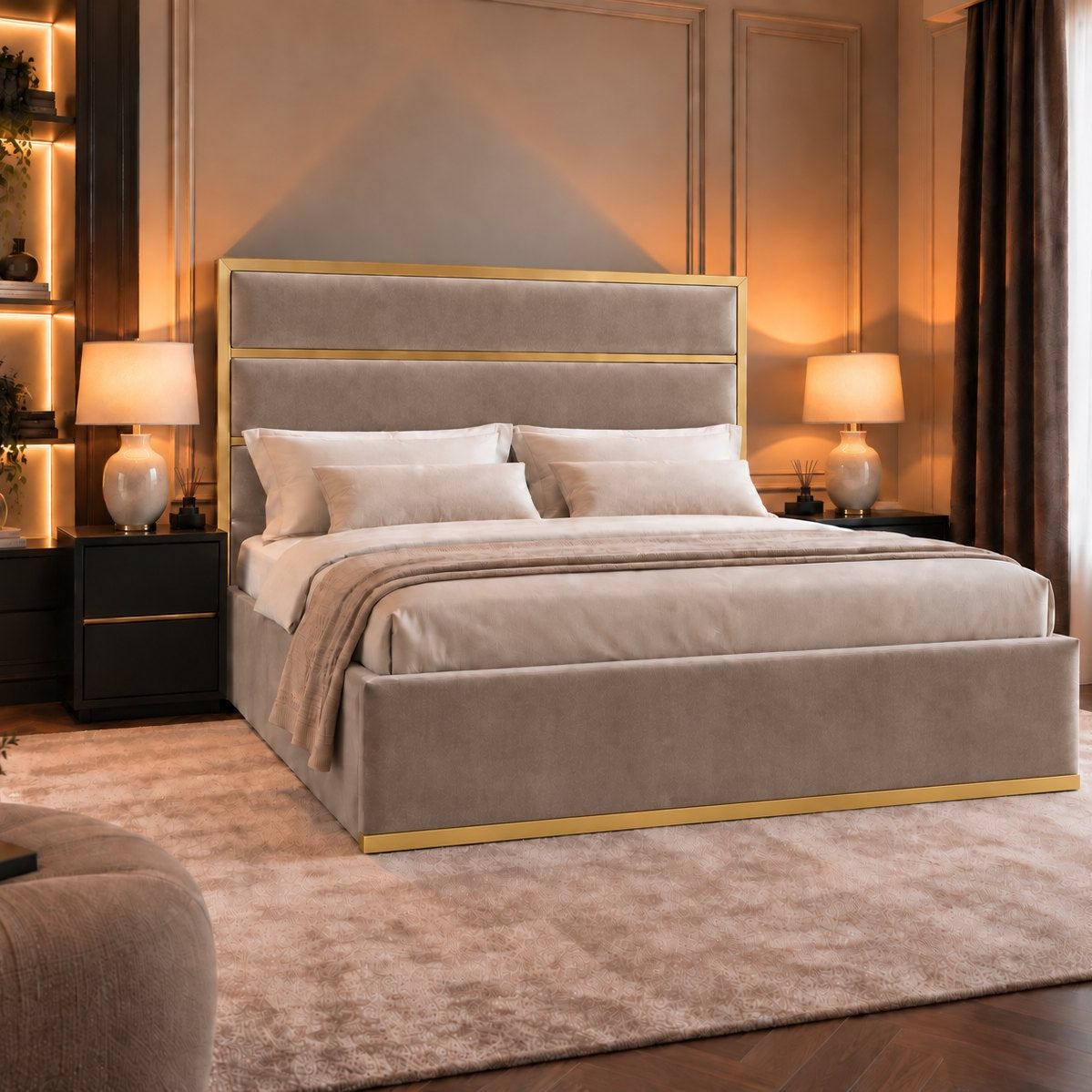 Otranto bed in pebble with gold metal frame, alternative side view