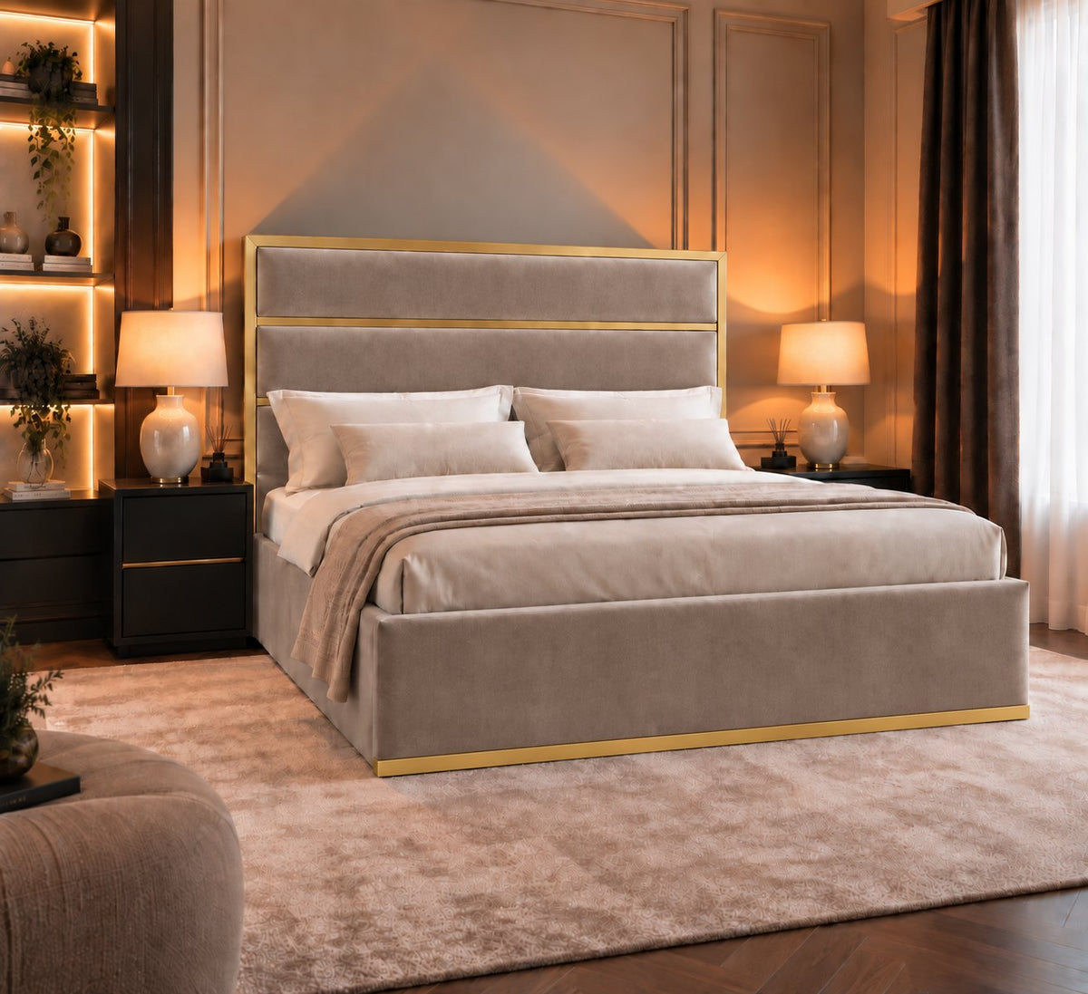 Otranto bed in pebble with gold metal frame, alternative side view