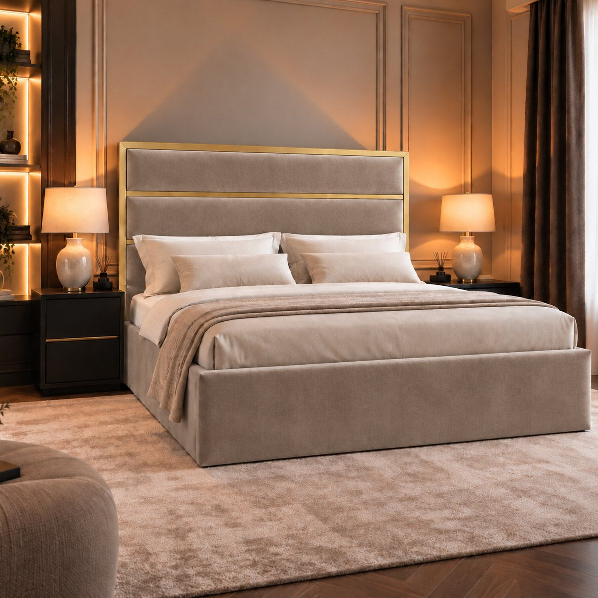 Otranto bed in pebble with gold metal frame, side view