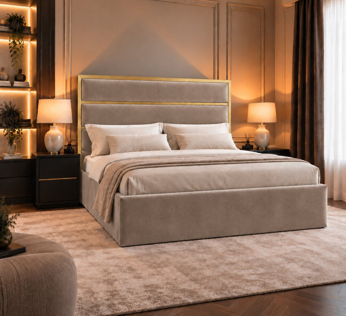Otranto bed in pebble with gold metal frame, side view
