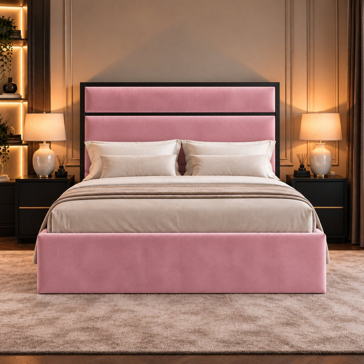 Otranto bed in pink with black metal frame, front view