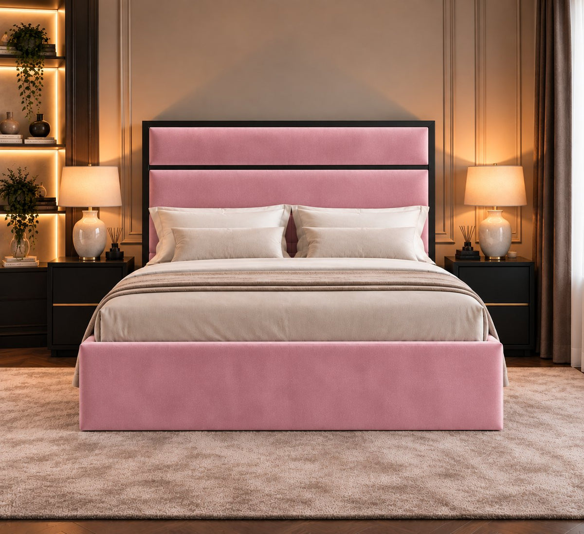 Otranto bed in pink with black metal frame, front view