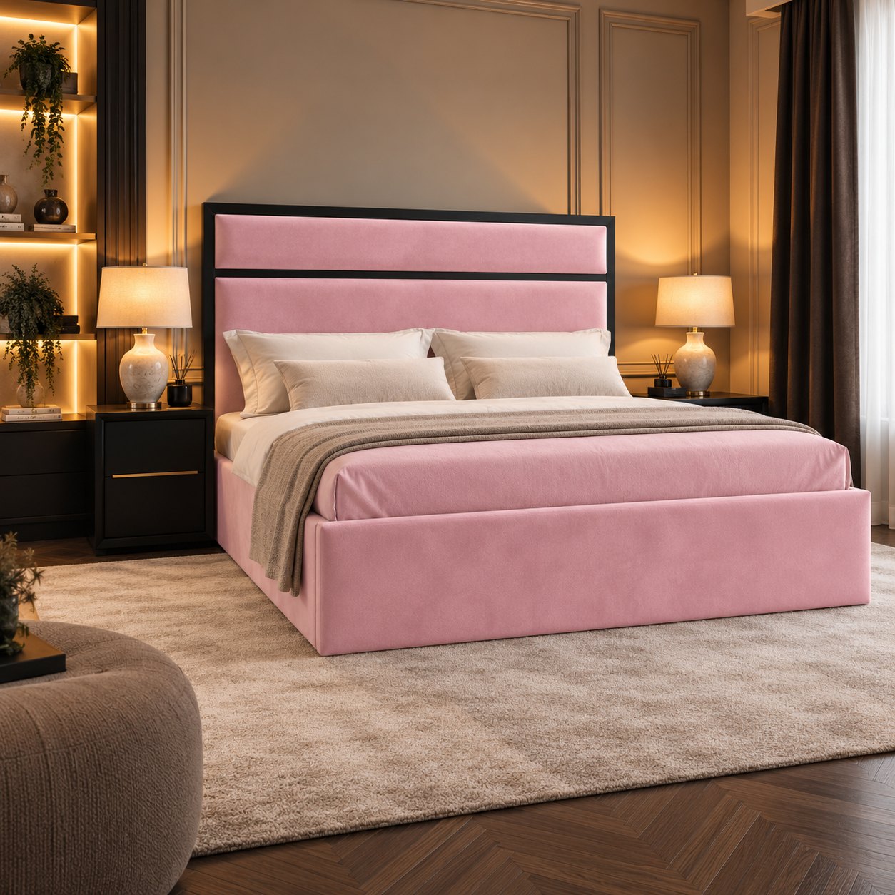 Otranto bed in pink with black metal frame, side view