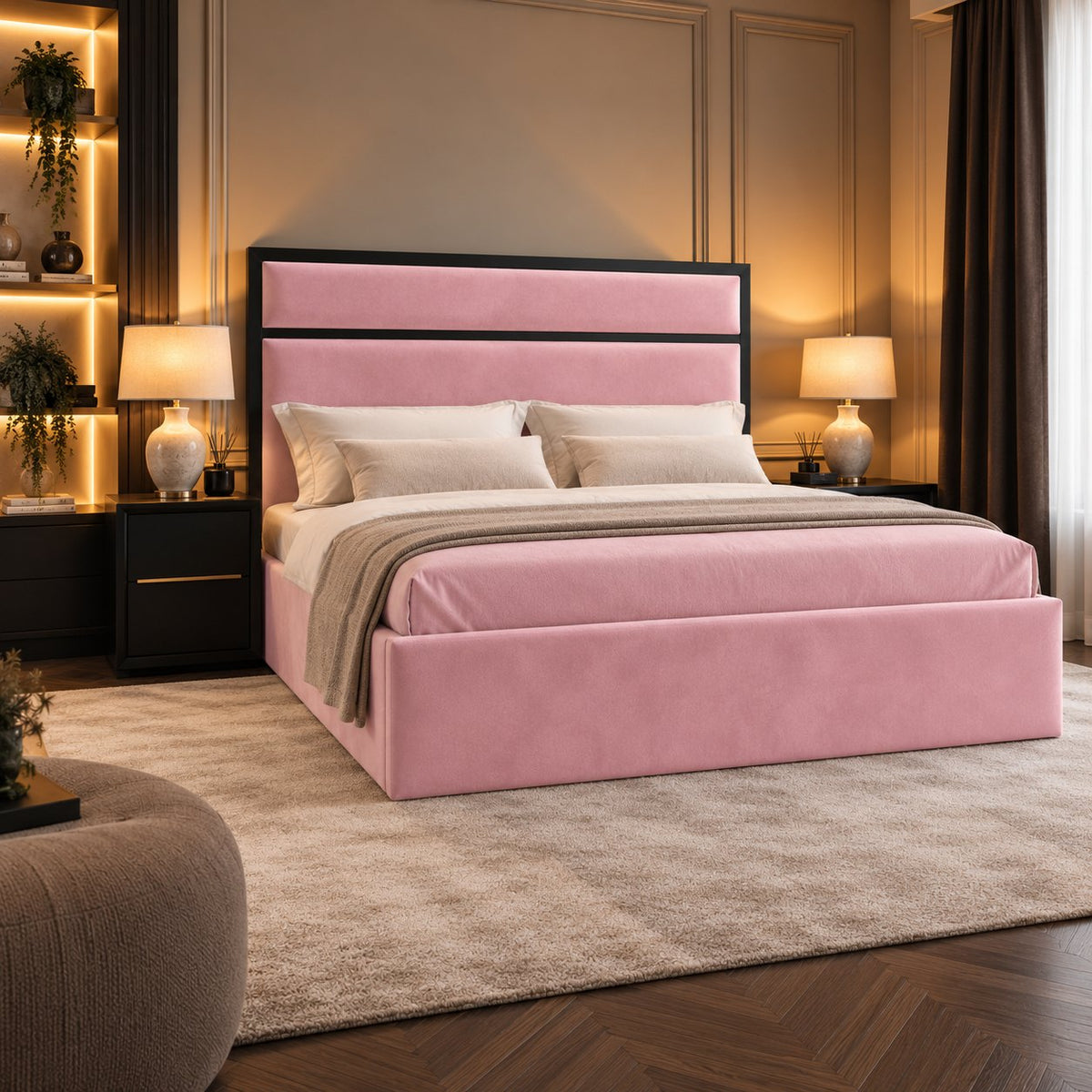 Otranto bed in pink with black metal frame, side view