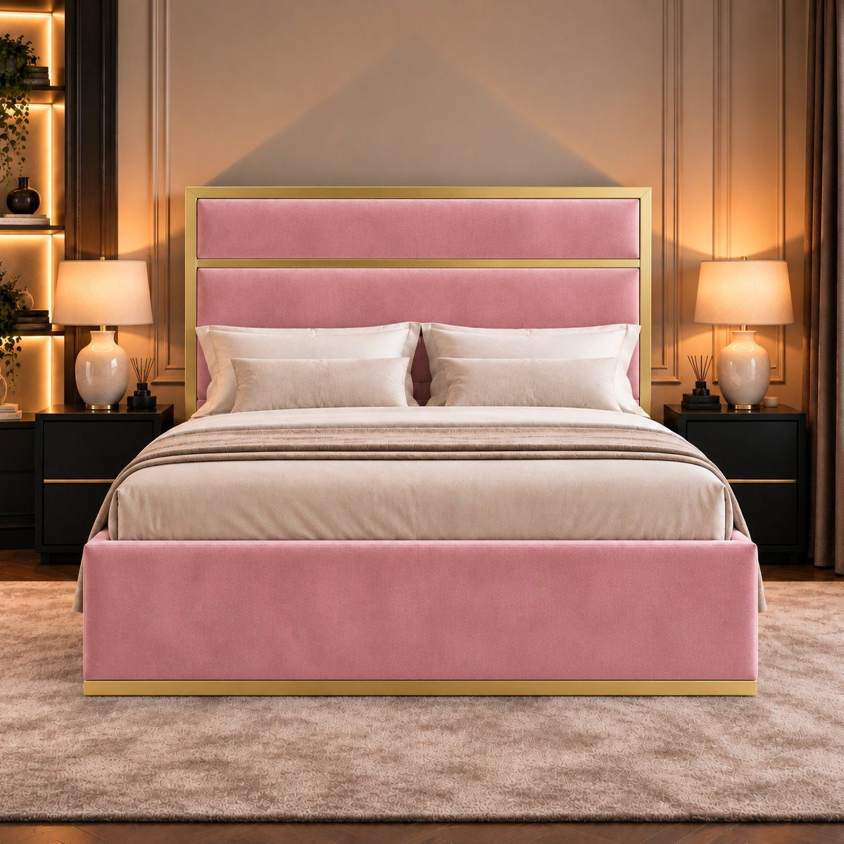 Otranto bed in pink with gold metal frame, front view
