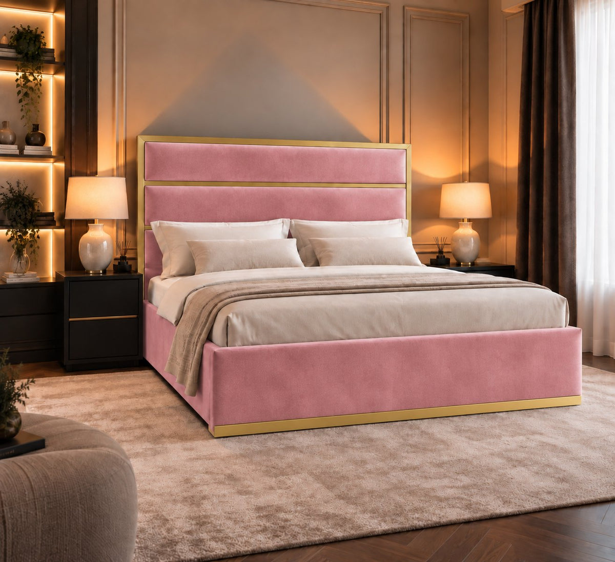 Otranto bed in pink with gold metal frame, alternative side view