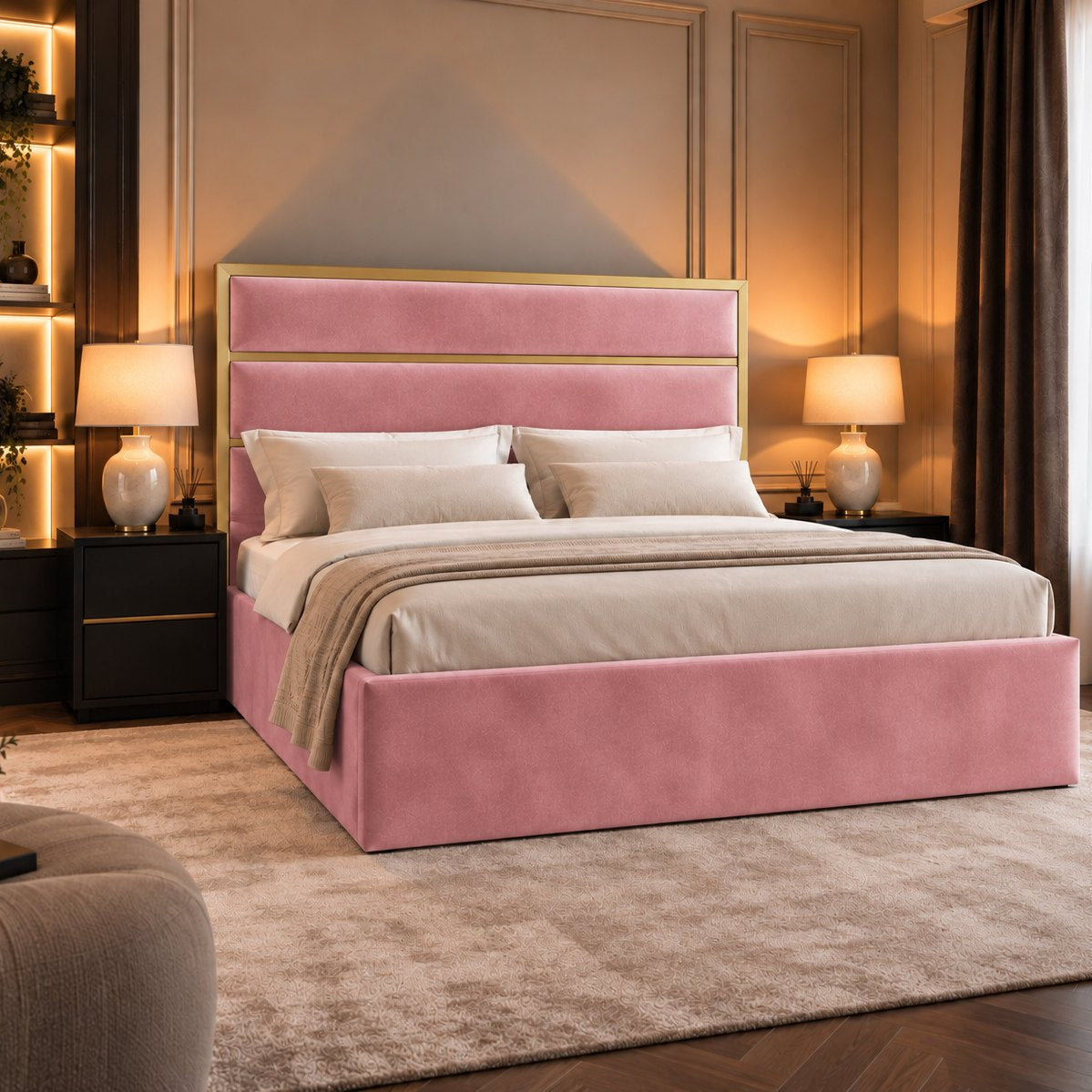 Otranto bed in pink with gold metal frame, side view
