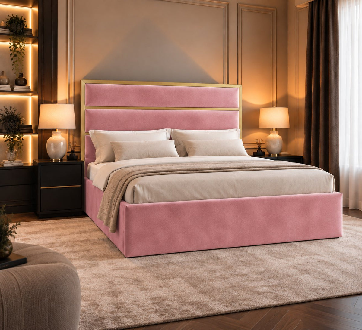 Otranto bed in pink with gold metal frame, side view