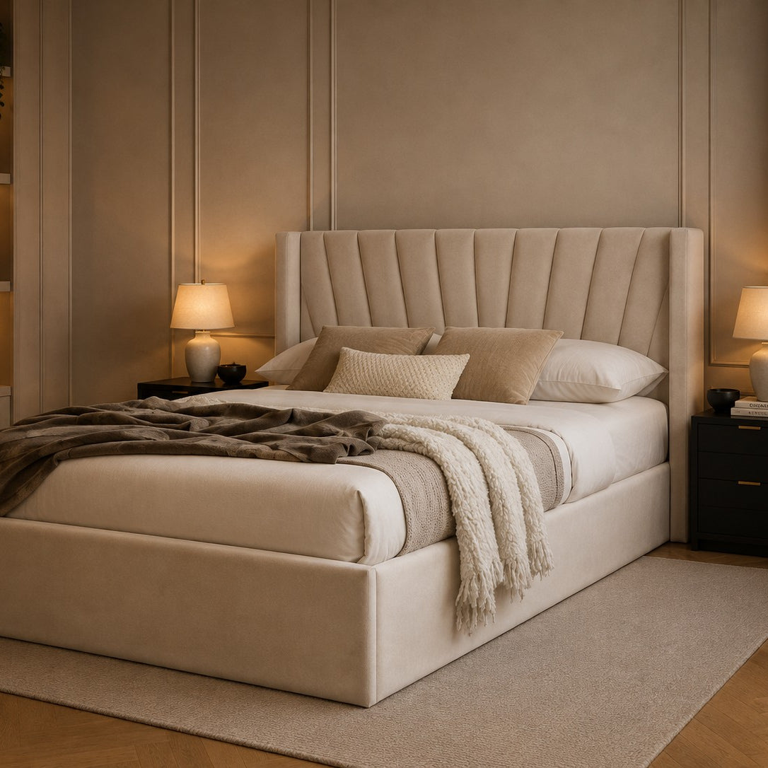 Padova Fan Fluted Winged Headboard Upholstered Bed Frame