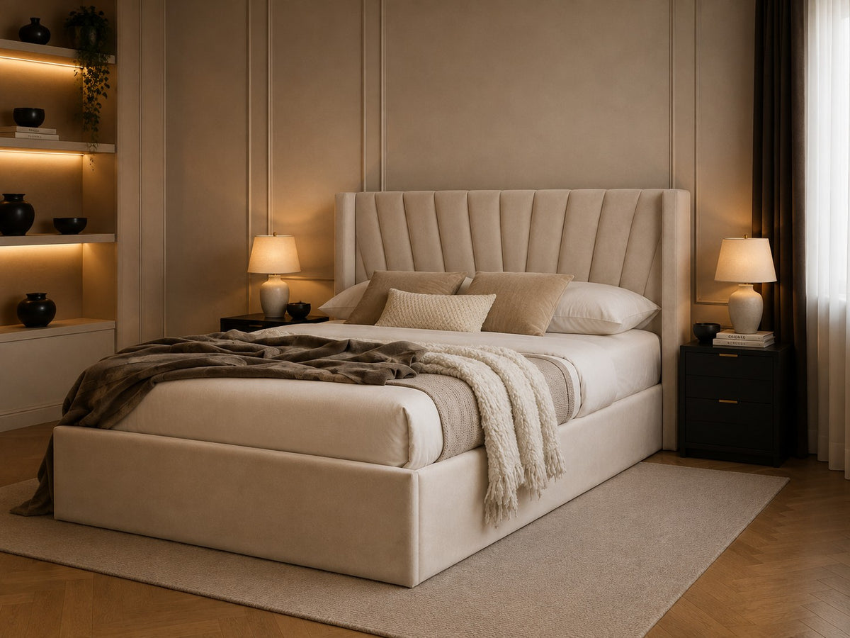 Padova Fan Fluted Winged Headboard Upholstered Bed Frame