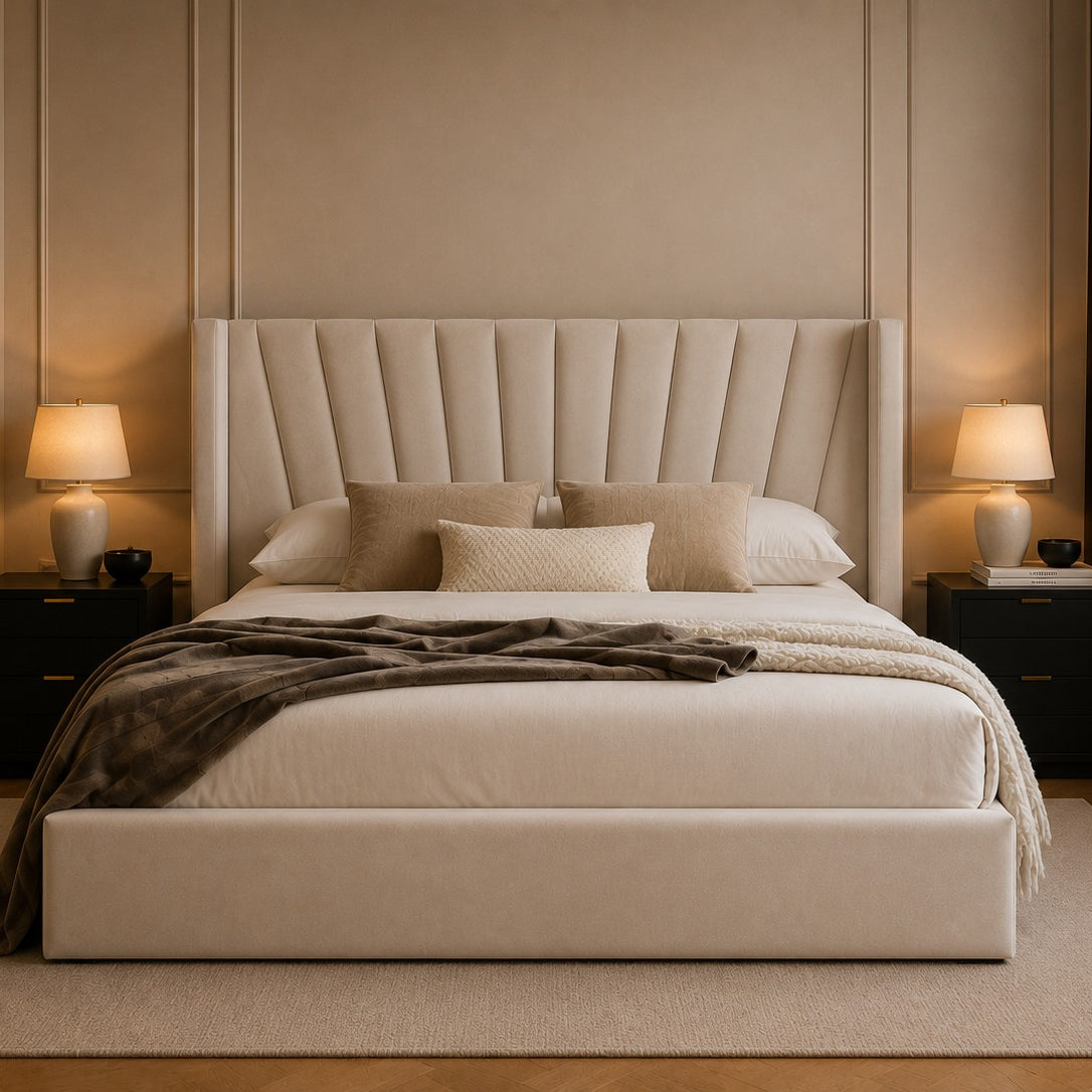 Padova Fan Fluted Winged Headboard Upholstered Bed Frame