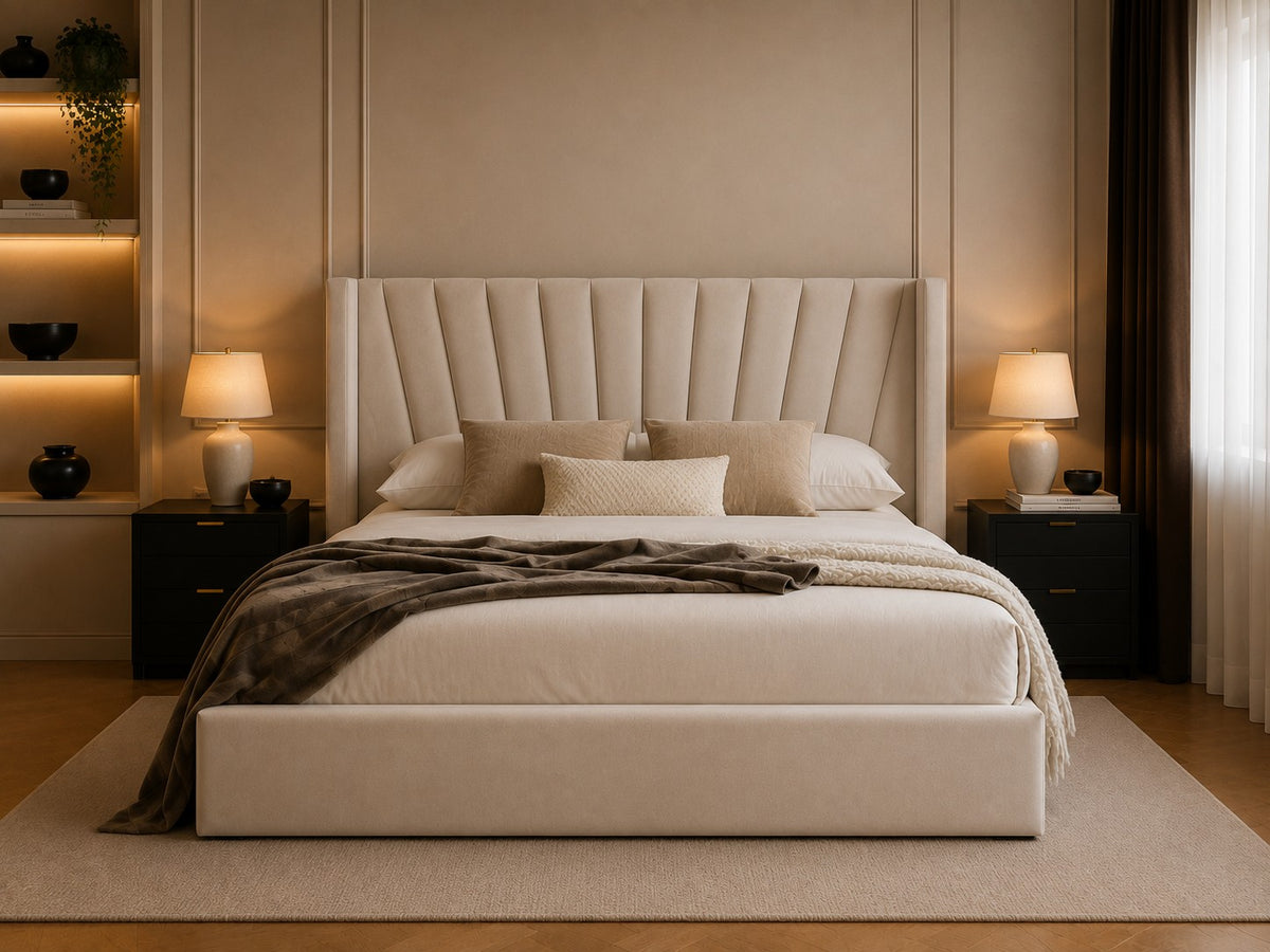 Padova Fan Fluted Winged Headboard Upholstered Bed Frame