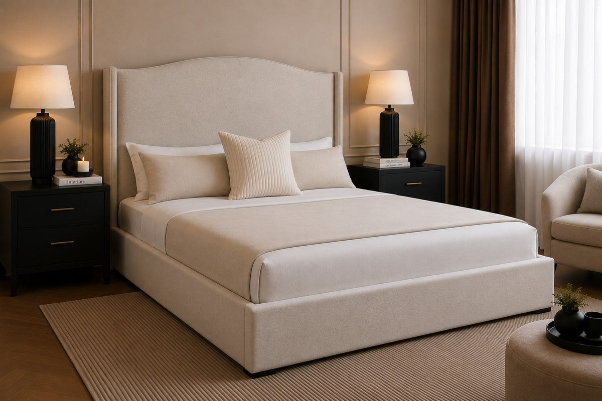 Palermo Curved Winged Tall Headboard Upholstered Bed Frame
