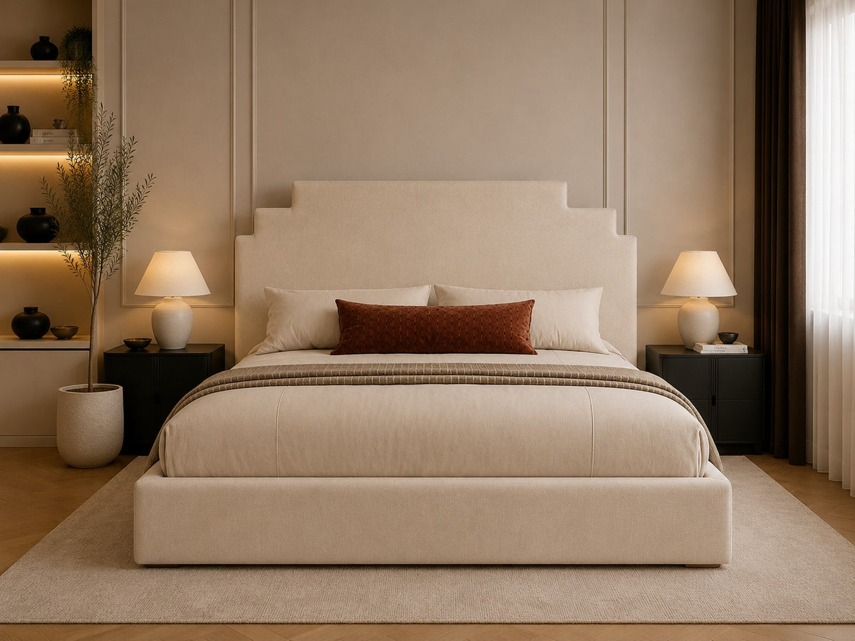 Perugia Art Deco Stepped Headboard Upholstered Bed Frame