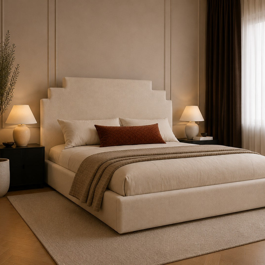 Perugia Art Deco Stepped Headboard Upholstered Bed Frame