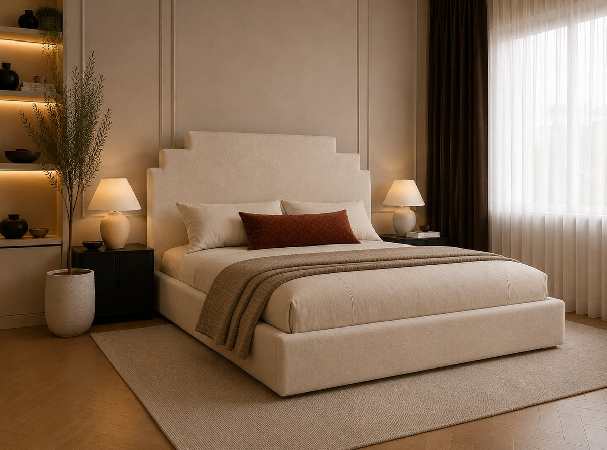 Perugia Art Deco Stepped Headboard Upholstered Bed Frame