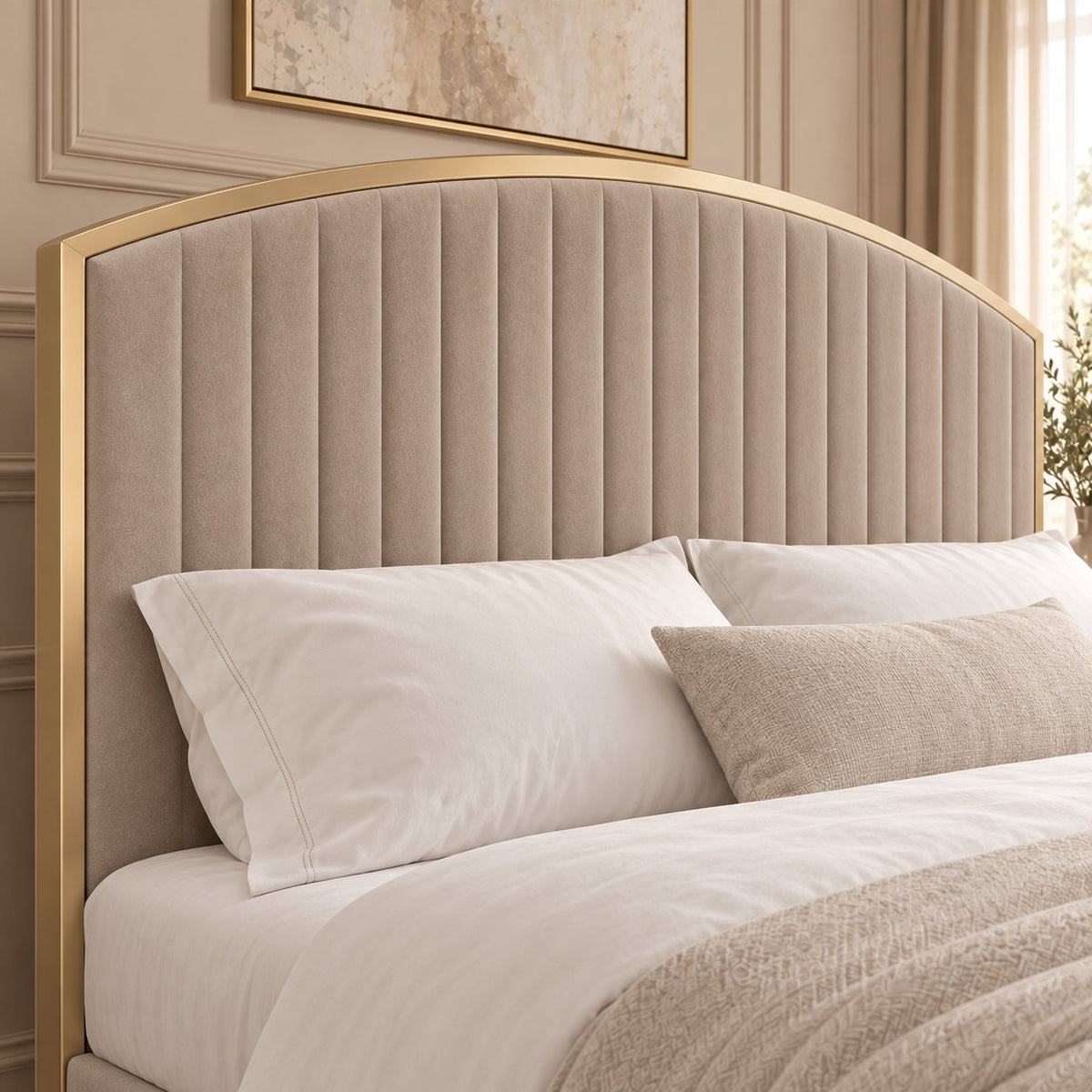 Polignano bed in pebble, headboard close-up