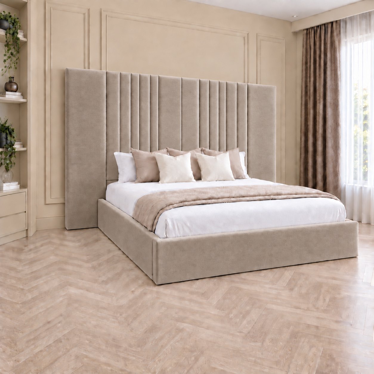 Portofino bed in pebble, side view