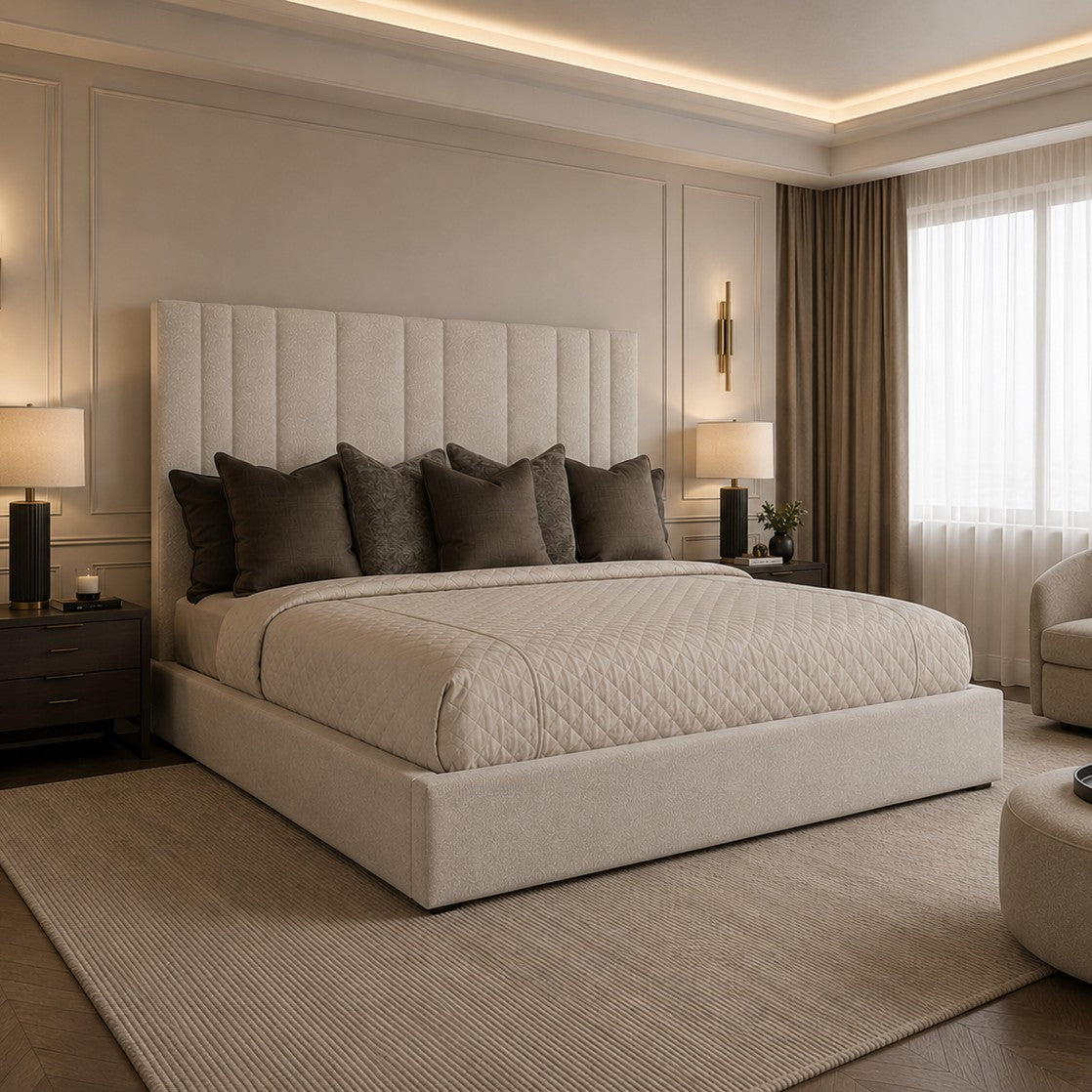 Positano Vertical Panelled Tall Headboard Upholstered Bed Frame