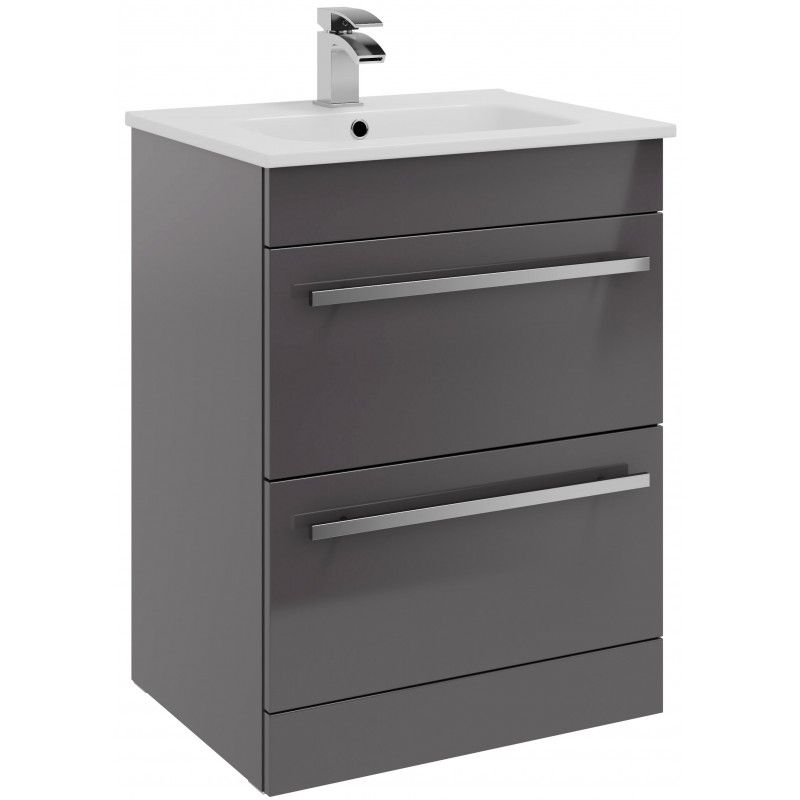Purilux Storm Grey Gloss Floor Standing 2 Drawer Unit & Ceramic Basin