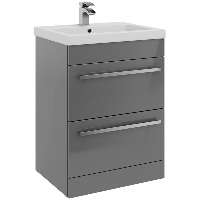 Purilux Storm Grey Gloss Floor Standing 2 Drawer Unit & Mid Depth Ceramic Basin