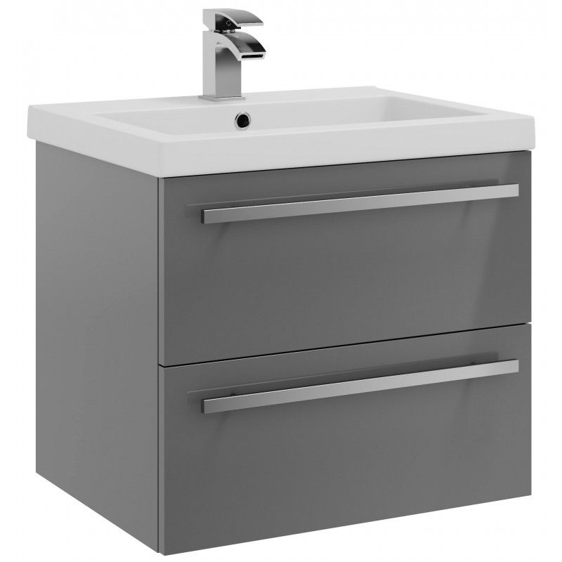 Purilux Storm Grey Gloss Wall Mounted 2 Drawer Unit & Mid Depth Ceramic Basin