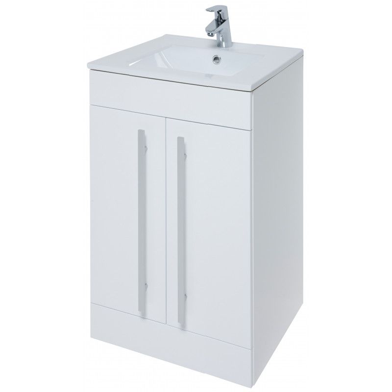 Purilux White Gloss Floor Standing 2 Door Unit & Ceramic Basin