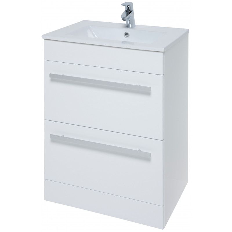Purilux White Gloss Floor Standing 2 Drawer Unit & Ceramic Basin