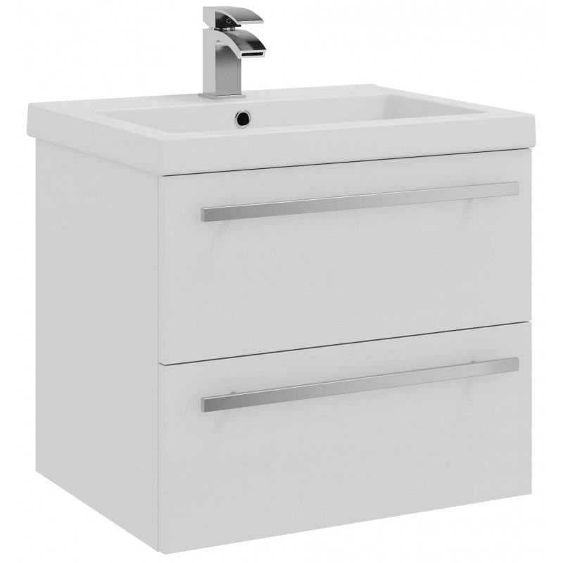 Purilux White Gloss Wall Mounted 2 Drawer Unit & Mid Depth Ceramic Basin