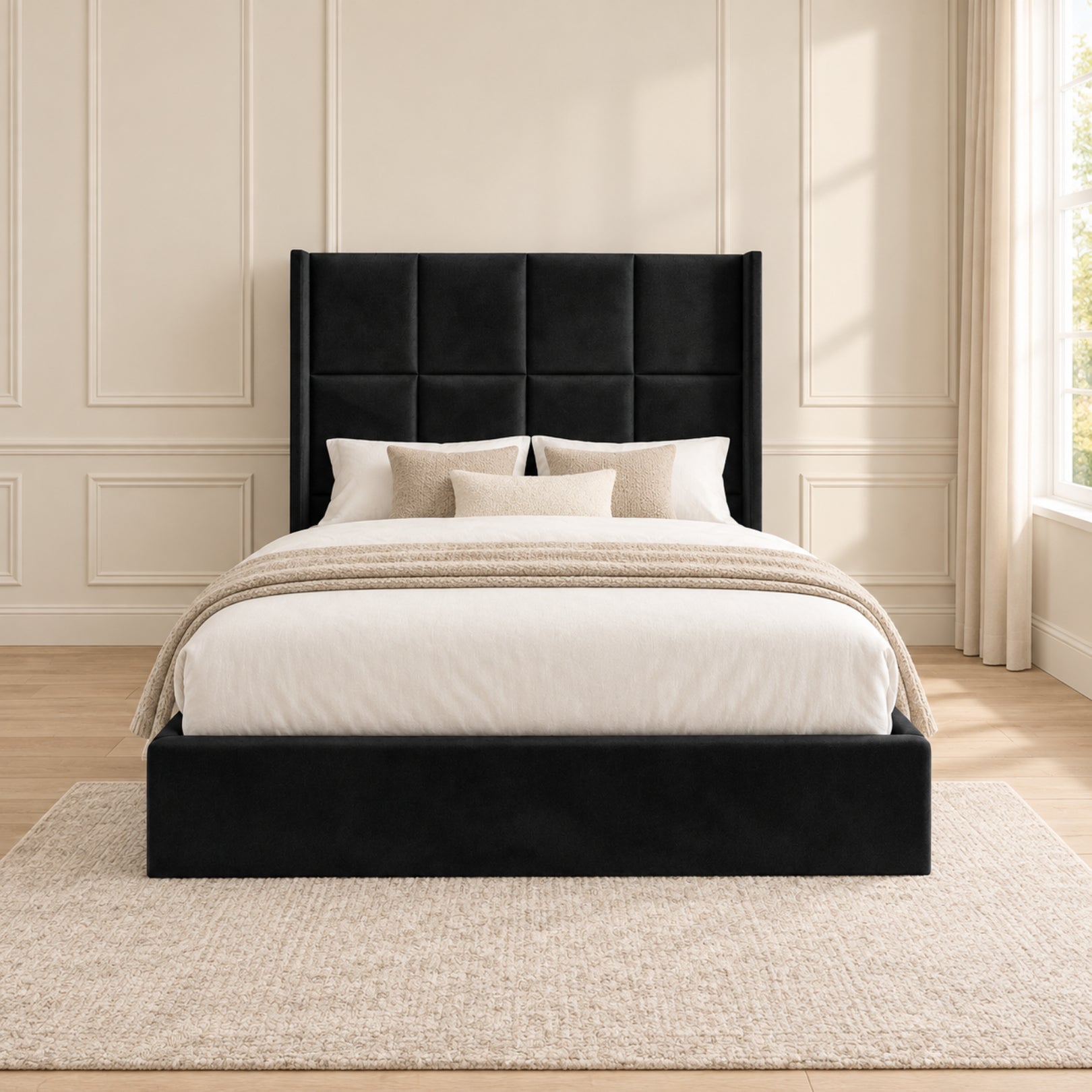 Quanta Straight Winged Upholstered Soft Velvet Bed Frame