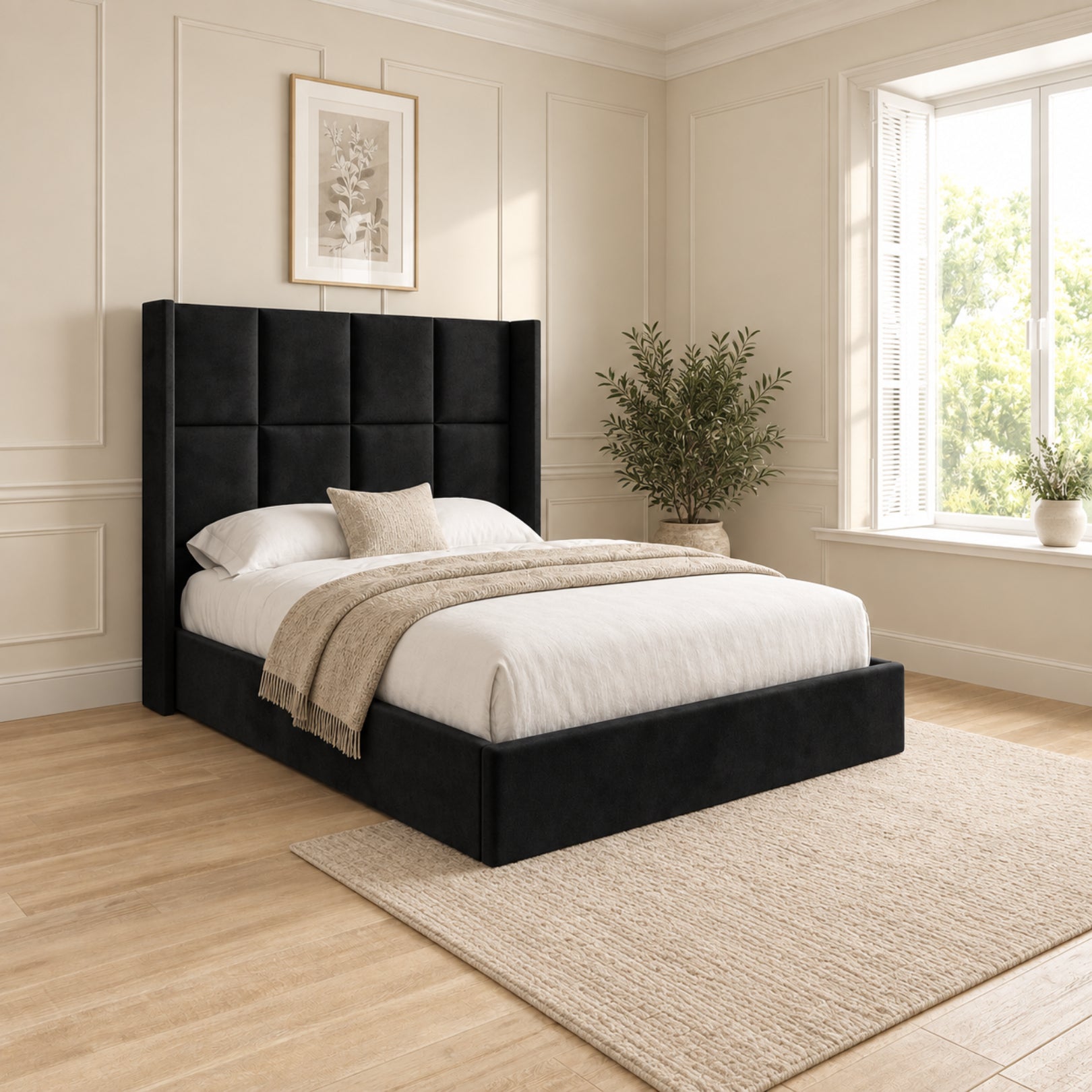 Quanta Straight Winged Upholstered Soft Velvet Bed Frame