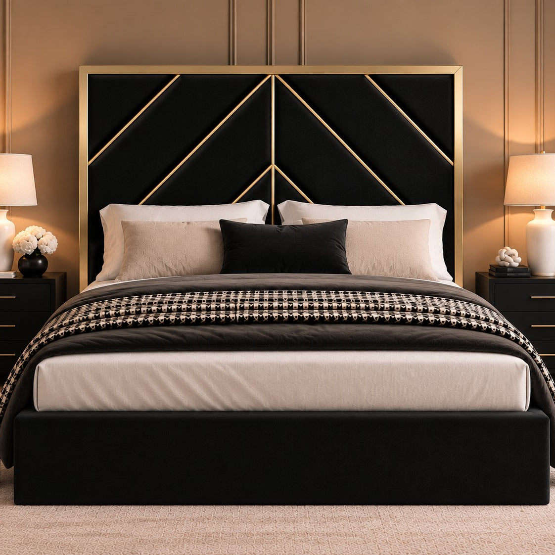 Rapallo bed in black with gold metal frame, front view