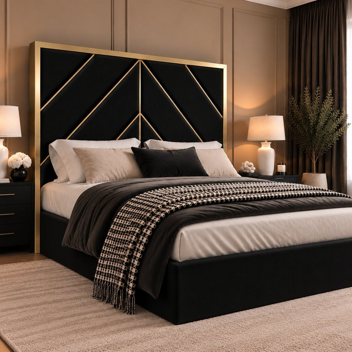 Rapallo bed in black with gold metal frame, side view