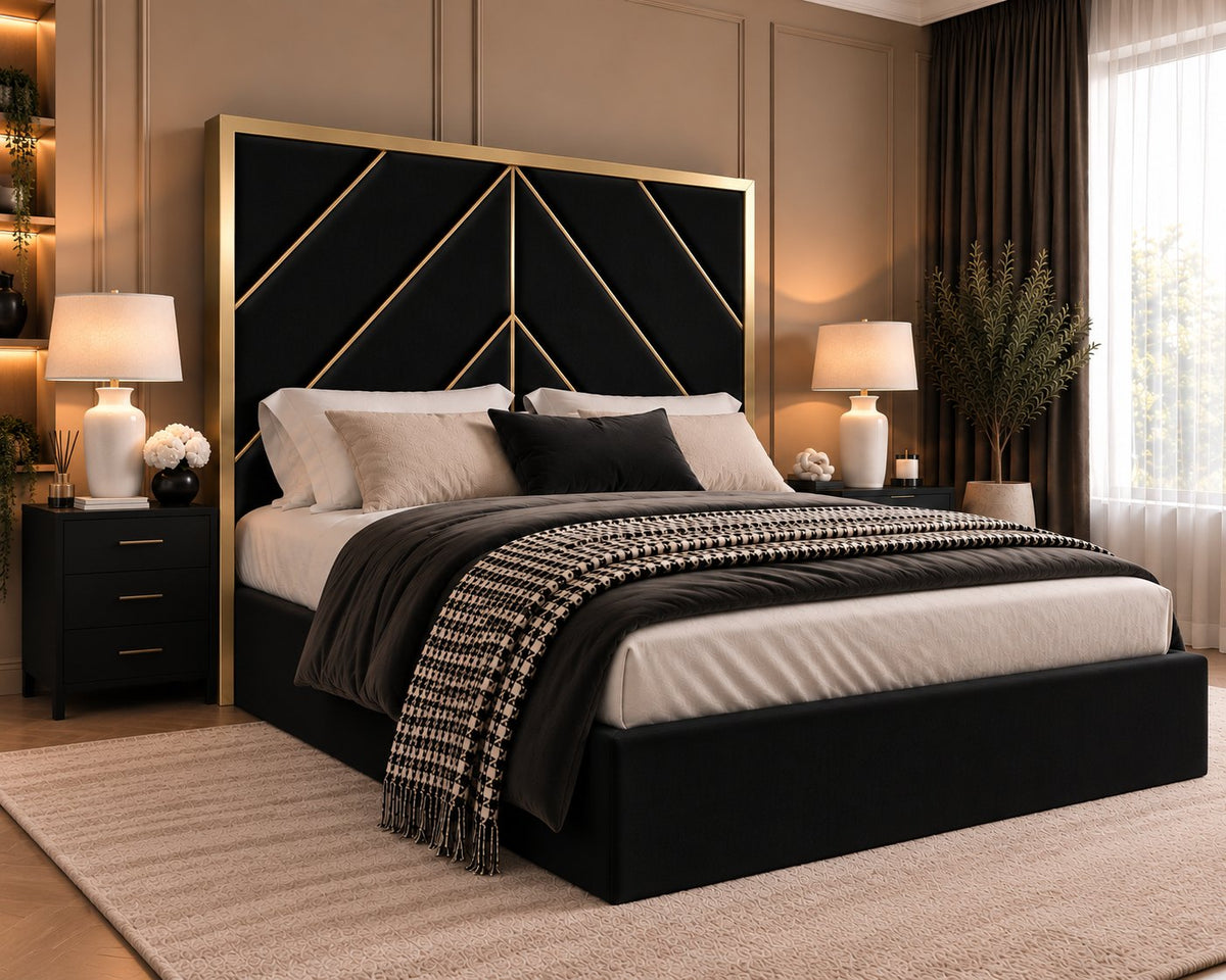 Rapallo bed in black with gold metal frame, side view