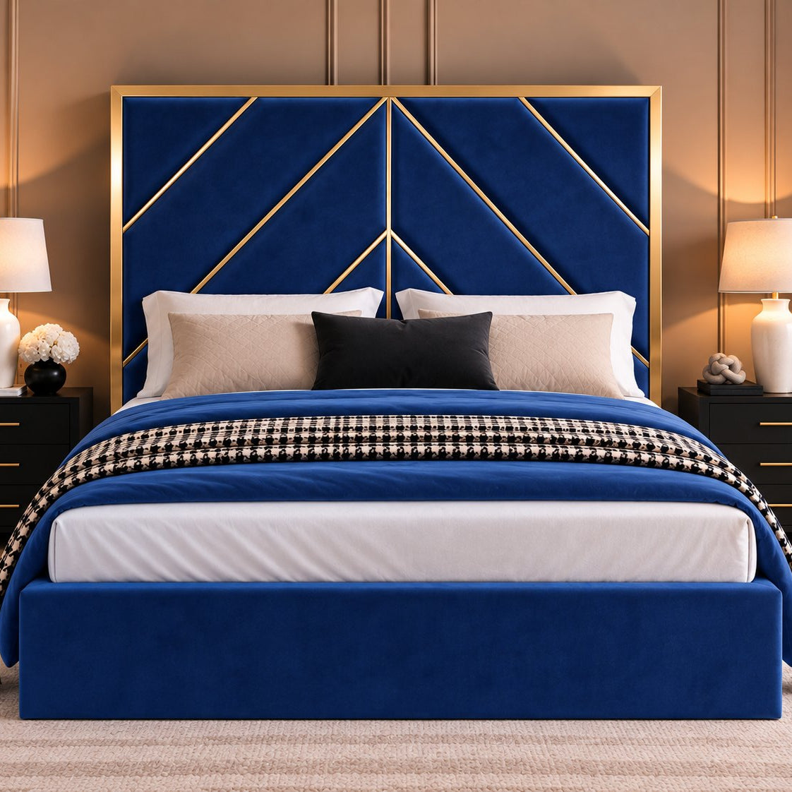 Rapallo bed in blue with gold metal frame, front view