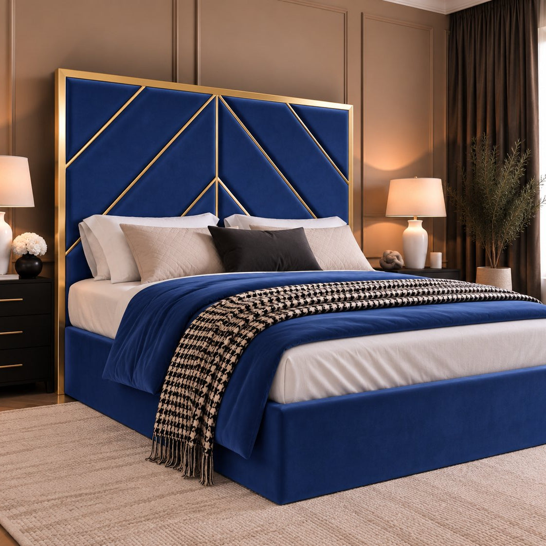 Rapallo bed in blue with gold metal frame, side view