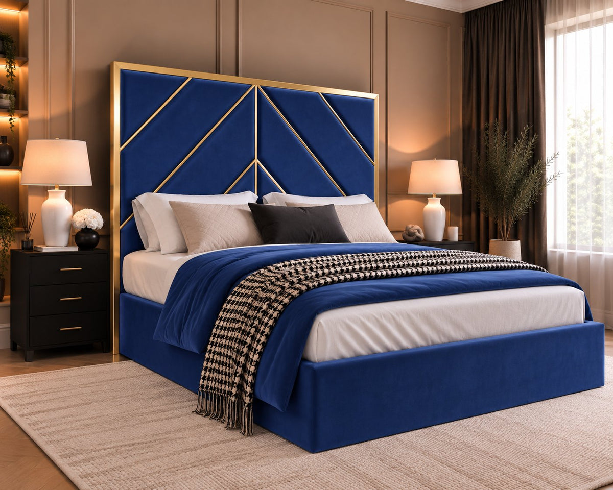 Rapallo bed in blue with gold metal frame, side view