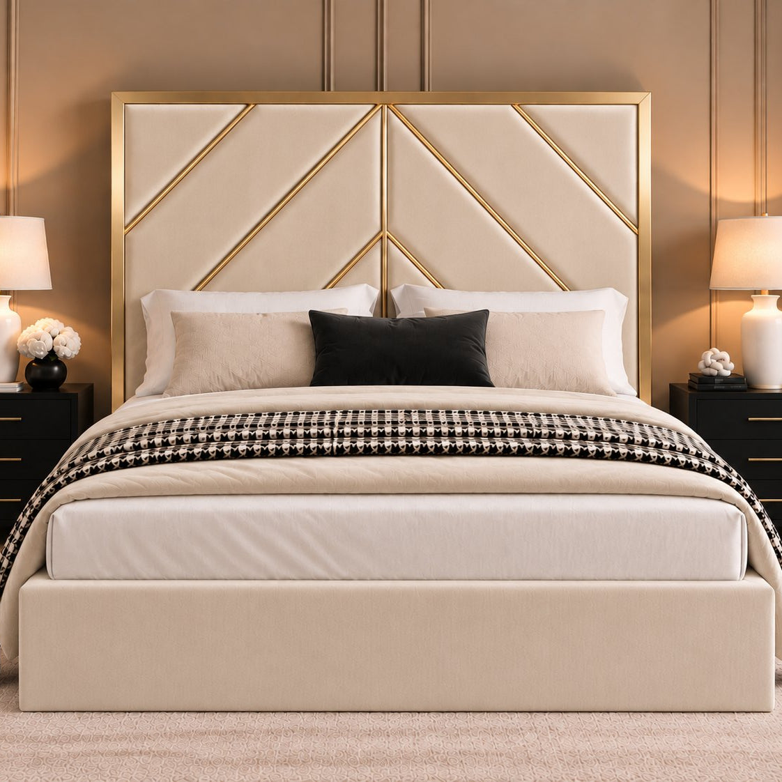 Rapallo bed in cream with gold metal frame, front view