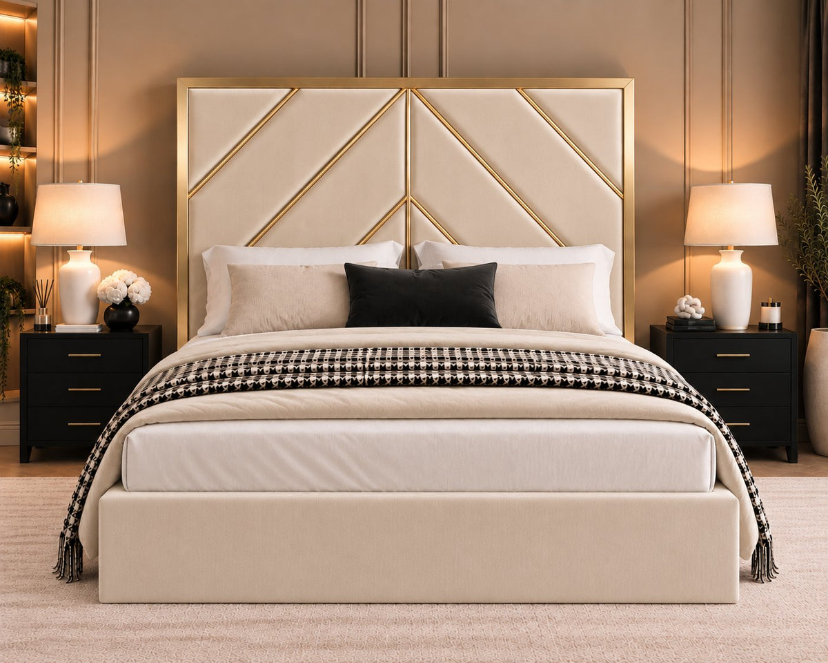 Rapallo bed in cream with gold metal frame, front view