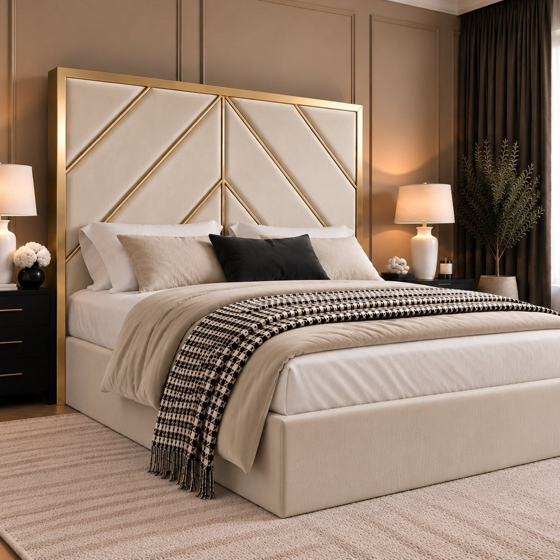 Rapallo bed in cream with gold metal frame, side view